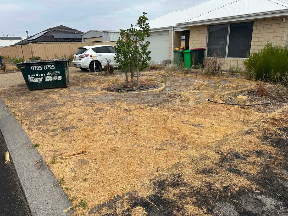 Dry, dead, dirt-covered front yard with a skip bin parked on it, before installation.